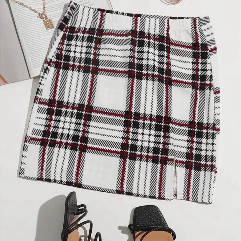 SHEIN White Plaid Mini Skirt with Black & Red Checks